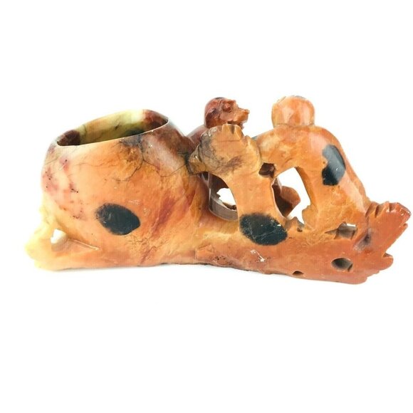Vintage Detailed Hand Carved Soapstone Figurine Two Monkey's Bowl/Vase - Picture 7 of 11